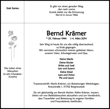 Anzeige von Bernd Krämer von Kölner Stadt-Anzeiger / Kölnische Rundschau / Express