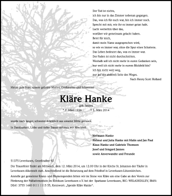 Anzeige von Kläre Hanke von Kölner Stadt-Anzeiger / Kölnische Rundschau / Express