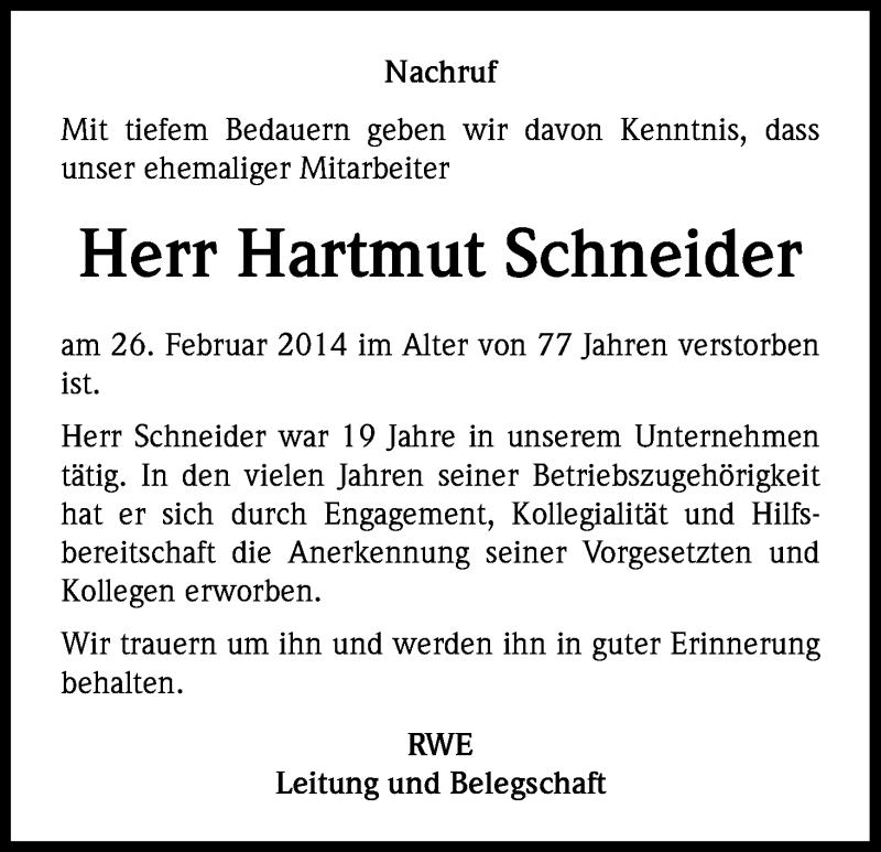  Traueranzeige für Hartmut Schneider vom 10.03.2014 aus Kölner Stadt-Anzeiger / Kölnische Rundschau / Express