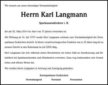 Anzeige von Karl Langmann von Kölner Stadt-Anzeiger / Kölnische Rundschau / Express