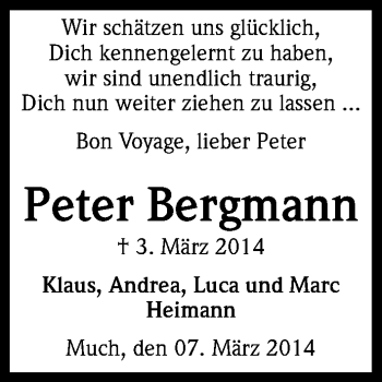 Anzeige von Peter Bergmann von Kölner Stadt-Anzeiger / Kölnische Rundschau / Express