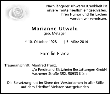 Anzeige von Marianne Utwald von Kölner Stadt-Anzeiger / Kölnische Rundschau / Express
