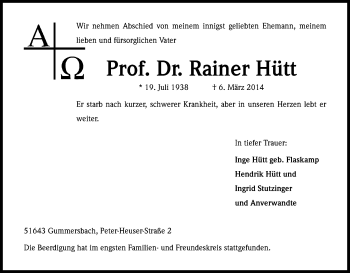 Anzeige von Rainer Hütt von Kölner Stadt-Anzeiger / Kölnische Rundschau / Express