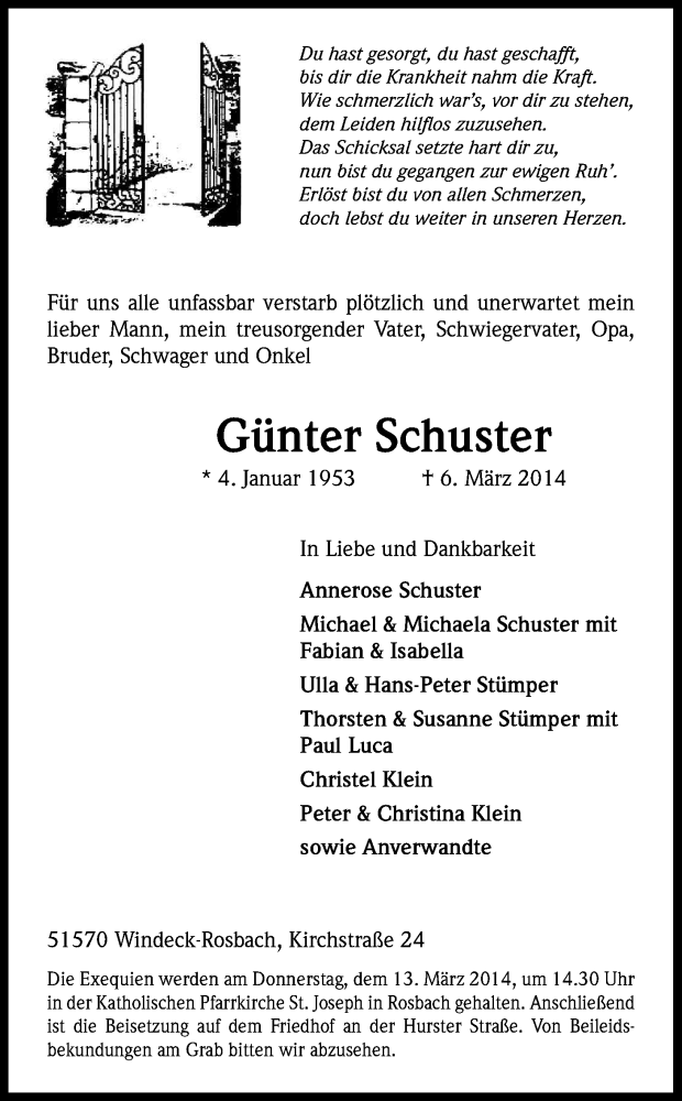  Traueranzeige für Günter Schuster vom 08.03.2014 aus Kölner Stadt-Anzeiger / Kölnische Rundschau / Express