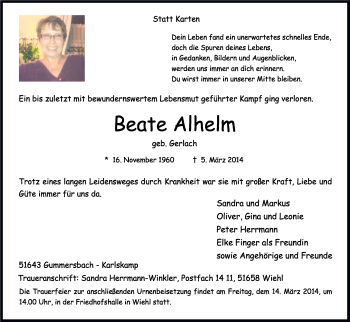 Anzeige von Beate Alhelm von Kölner Stadt-Anzeiger / Kölnische Rundschau / Express