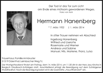 Anzeige von Hermann Hanenberg von Kölner Stadt-Anzeiger / Kölnische Rundschau / Express