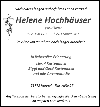 Anzeige von Helene Hochhäuser von Kölner Stadt-Anzeiger / Kölnische Rundschau / Express