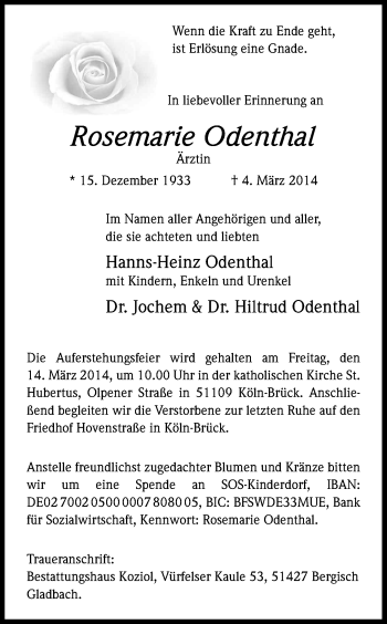 Anzeige von Rosemarie Odenthal von Kölner Stadt-Anzeiger / Kölnische Rundschau / Express