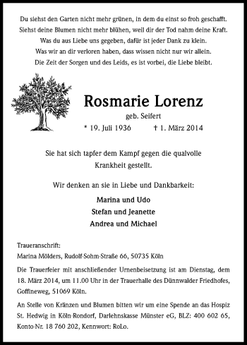 Anzeige von Rosmarie Lorenz von Kölner Stadt-Anzeiger / Kölnische Rundschau / Express