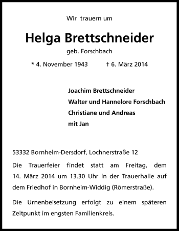 Anzeige von Joachim Brettschneider von Kölner Stadt-Anzeiger / Kölnische Rundschau / Express