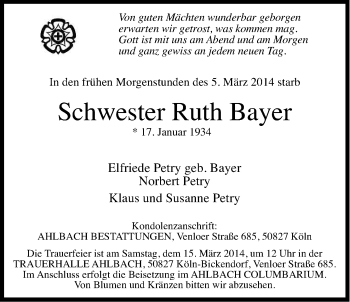 Anzeige von Ruth Bayer von Kölner Stadt-Anzeiger / Kölnische Rundschau / Express