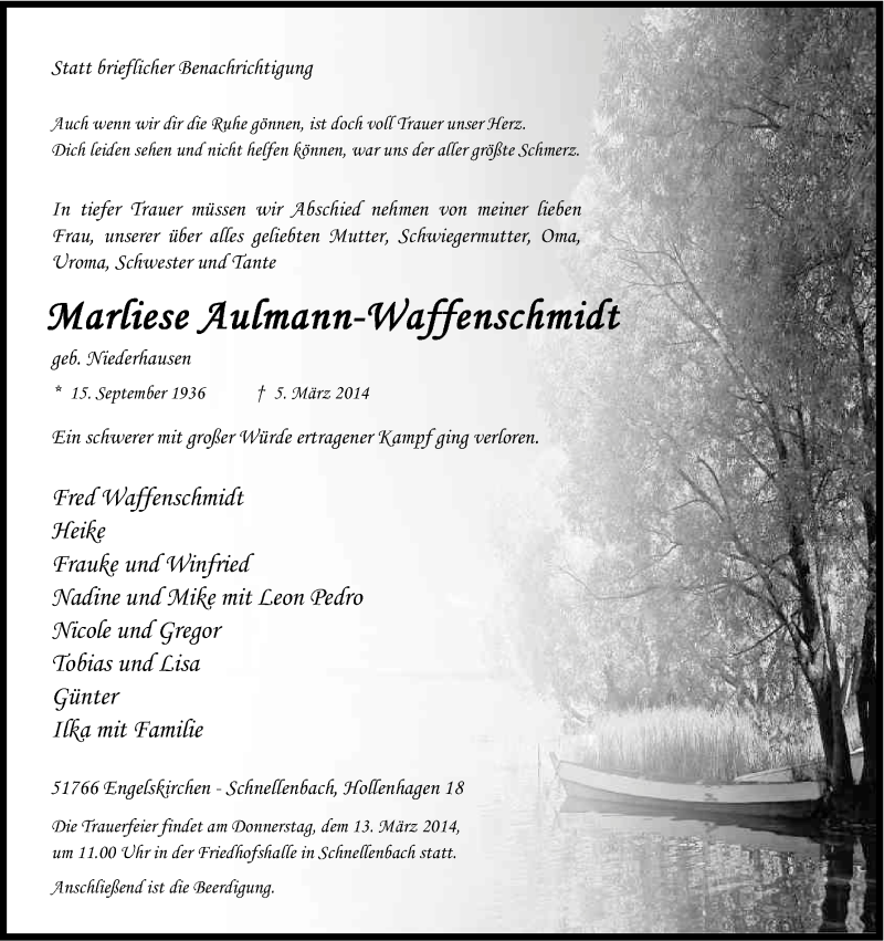  Traueranzeige für Marliese Aulmann-Waffenschmidt vom 10.03.2014 aus Kölner Stadt-Anzeiger / Kölnische Rundschau / Express