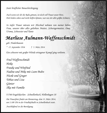 Anzeige von Marliese Aulmann-Waffenschmidt von Kölner Stadt-Anzeiger / Kölnische Rundschau / Express