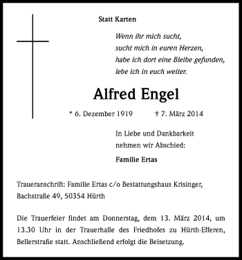 Anzeige von Alfred Engel von Kölner Stadt-Anzeiger / Kölnische Rundschau / Express