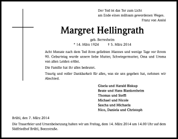 Anzeige von Margret Hellingrath von Kölner Stadt-Anzeiger / Kölnische Rundschau / Express