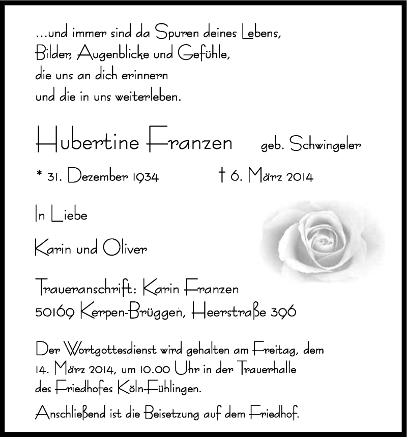  Traueranzeige für Hubertine Franzen vom 12.03.2014 aus Kölner Stadt-Anzeiger / Kölnische Rundschau / Express