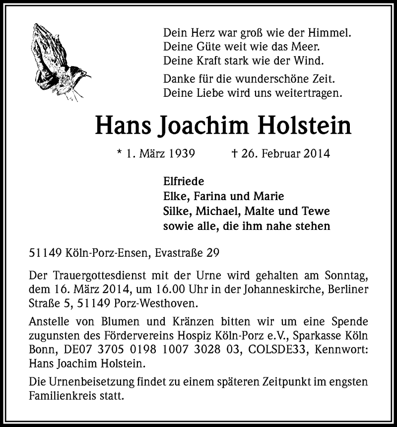  Traueranzeige für Hans Joachim Holstein vom 12.03.2014 aus Kölner Stadt-Anzeiger / Kölnische Rundschau / Express