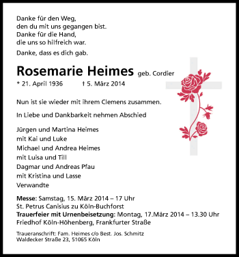 Anzeige von Rosemarie Heimes von Kölner Stadt-Anzeiger / Kölnische Rundschau / Express
