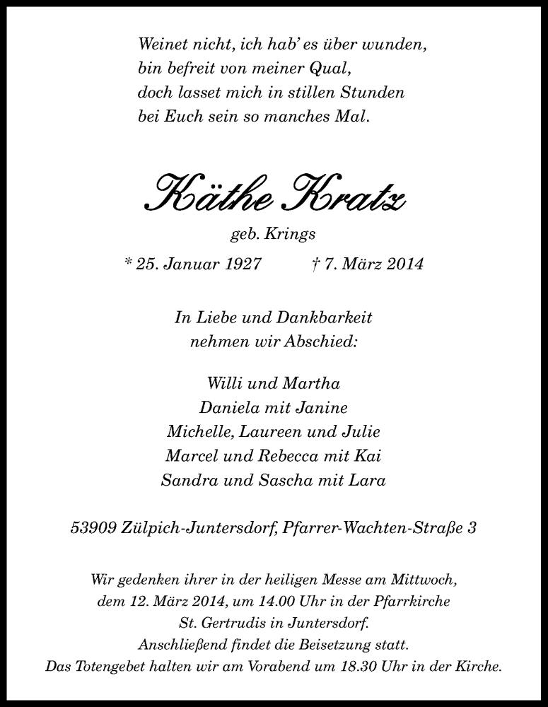  Traueranzeige für Käthe Kratz vom 10.03.2014 aus Kölner Stadt-Anzeiger / Kölnische Rundschau / Express