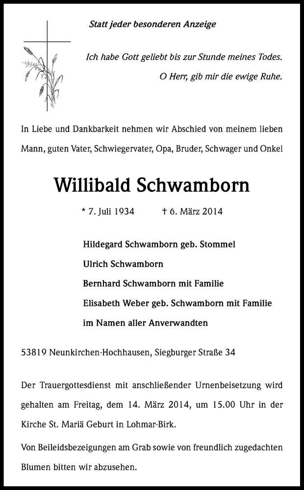  Traueranzeige für Willibald Schwamborn vom 10.03.2014 aus Kölner Stadt-Anzeiger / Kölnische Rundschau / Express