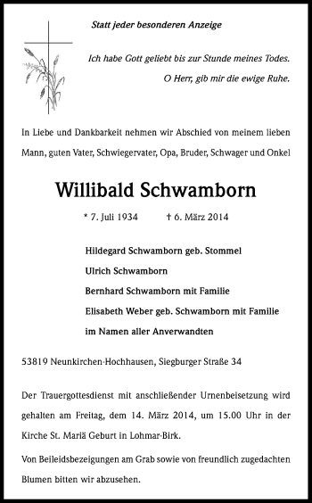 Anzeige von Willibald Schwamborn von Kölner Stadt-Anzeiger / Kölnische Rundschau / Express