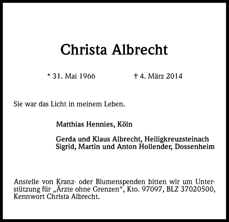  Traueranzeige für Christa Albrecht vom 11.03.2014 aus Kölner Stadt-Anzeiger / Kölnische Rundschau / Express