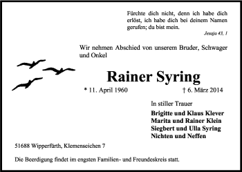 Anzeige von Rainer Syring von Kölner Stadt-Anzeiger / Kölnische Rundschau / Express