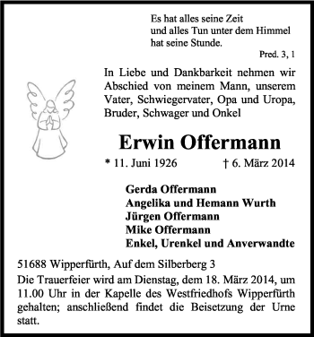 Anzeige von Erwin Offermann von Kölner Stadt-Anzeiger / Kölnische Rundschau / Express