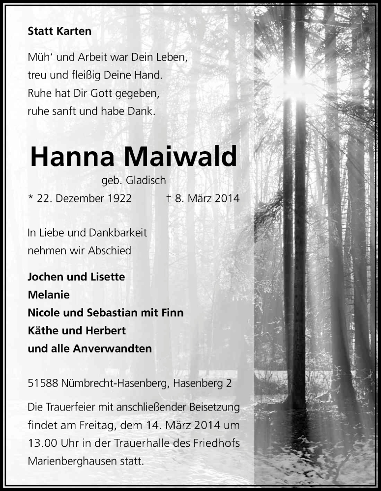 Traueranzeige für Hanna Maiwald vom 11.03.2014 aus Kölner Stadt-Anzeiger / Kölnische Rundschau / Express