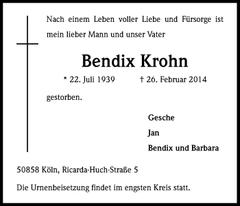Anzeige von Bendix Krohn von Kölner Stadt-Anzeiger / Kölnische Rundschau / Express