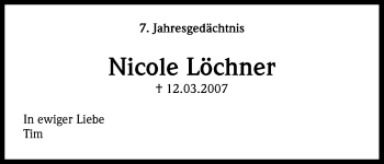 Anzeige von Nicole Löchner von Kölner Stadt-Anzeiger / Kölnische Rundschau / Express