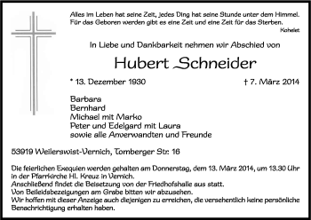 Anzeige von Hubert Schneider von Kölner Stadt-Anzeiger / Kölnische Rundschau / Express