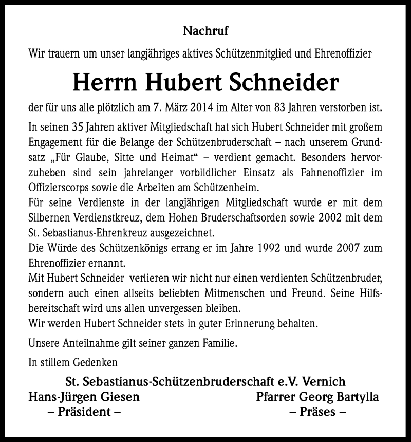  Traueranzeige für Hubert Schneider vom 11.03.2014 aus Kölner Stadt-Anzeiger / Kölnische Rundschau / Express