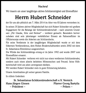Anzeige von Hubert Schneider von Kölner Stadt-Anzeiger / Kölnische Rundschau / Express