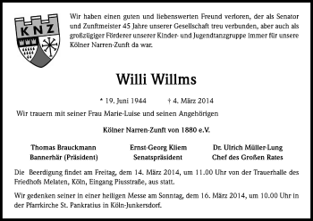 Anzeige von Willi Willms von Kölner Stadt-Anzeiger / Kölnische Rundschau / Express