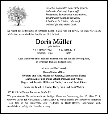 Anzeige von Doris Müller von Kölner Stadt-Anzeiger / Kölnische Rundschau / Express