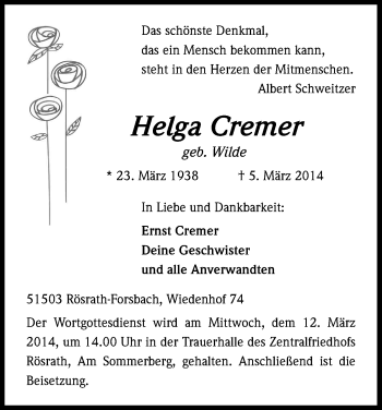 Anzeige von Helga Cremer von Kölner Stadt-Anzeiger / Kölnische Rundschau / Express