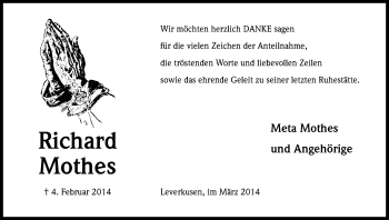 Anzeige von Richard Mothes von Kölner Stadt-Anzeiger / Kölnische Rundschau / Express