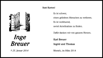 Anzeige von Inge Breuer von Kölner Stadt-Anzeiger / Kölnische Rundschau / Express