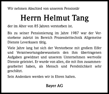 Anzeige von Helmut Tang von Kölner Stadt-Anzeiger / Kölnische Rundschau / Express