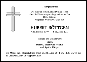 Anzeige von Hubert Röttgen von Kölner Stadt-Anzeiger / Kölnische Rundschau / Express
