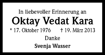 Anzeige von Oktay Vedat Kara von Kölner Stadt-Anzeiger / Kölnische Rundschau / Express