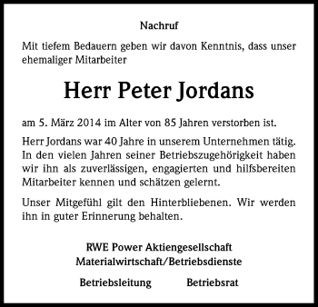 Anzeige von Peter Jordans von Kölner Stadt-Anzeiger / Kölnische Rundschau / Express
