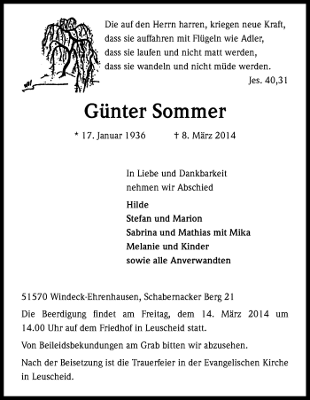 Anzeige von Günter Sommer von Kölner Stadt-Anzeiger / Kölnische Rundschau / Express