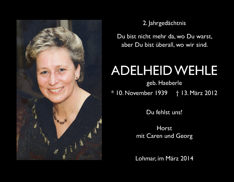  Traueranzeige für Adelheid Wehle vom 13.03.2014 aus Kölner Stadt-Anzeiger / Kölnische Rundschau / Express