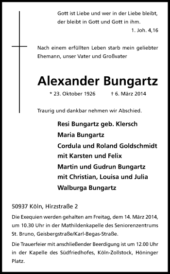 Anzeige von Alexander Bungartz von Kölner Stadt-Anzeiger / Kölnische Rundschau / Express