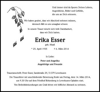Anzeige von Erika Esser von Kölner Stadt-Anzeiger / Kölnische Rundschau / Express