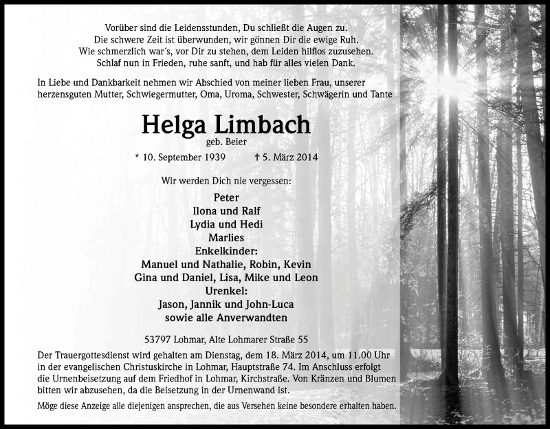  Traueranzeige für Helga Limbach vom 12.03.2014 aus Kölner Stadt-Anzeiger / Kölnische Rundschau / Express
