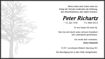 Anzeige von Peter Richartz von Kölner Stadt-Anzeiger / Kölnische Rundschau / Express
