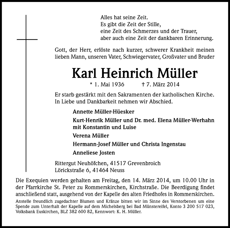  Traueranzeige für Karl Heinrich Müller vom 11.03.2014 aus Kölner Stadt-Anzeiger / Kölnische Rundschau / Express